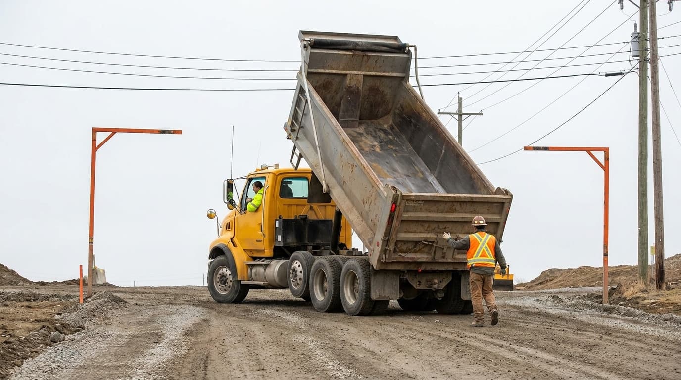 A worker in an orange safety vest and hard hat walks toward the rear of a yellow dump truck raising its bed on a dirt road, another worker visible in the truck cab.