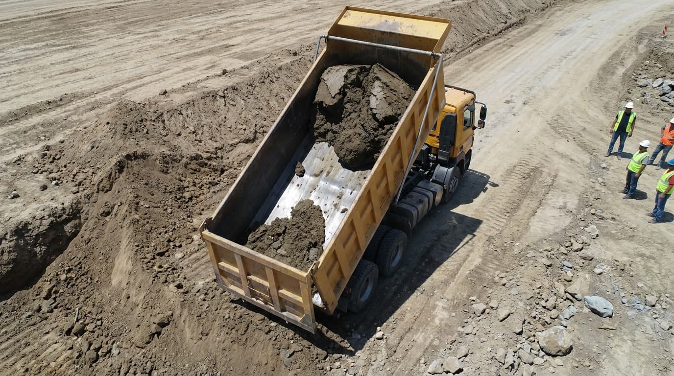 Overhead view of a yellow dump truck tipping soil into a large excavated pit, with four workers in hard hats and safety vests standing nearby on a dirt road.