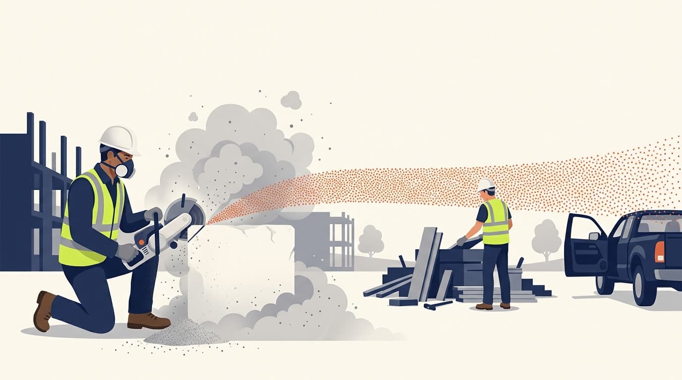 Illustration of a worker kneeling and cutting a concrete block with a handheld saw, generating dust that drifts toward another worker sorting materials near a pickup truck.