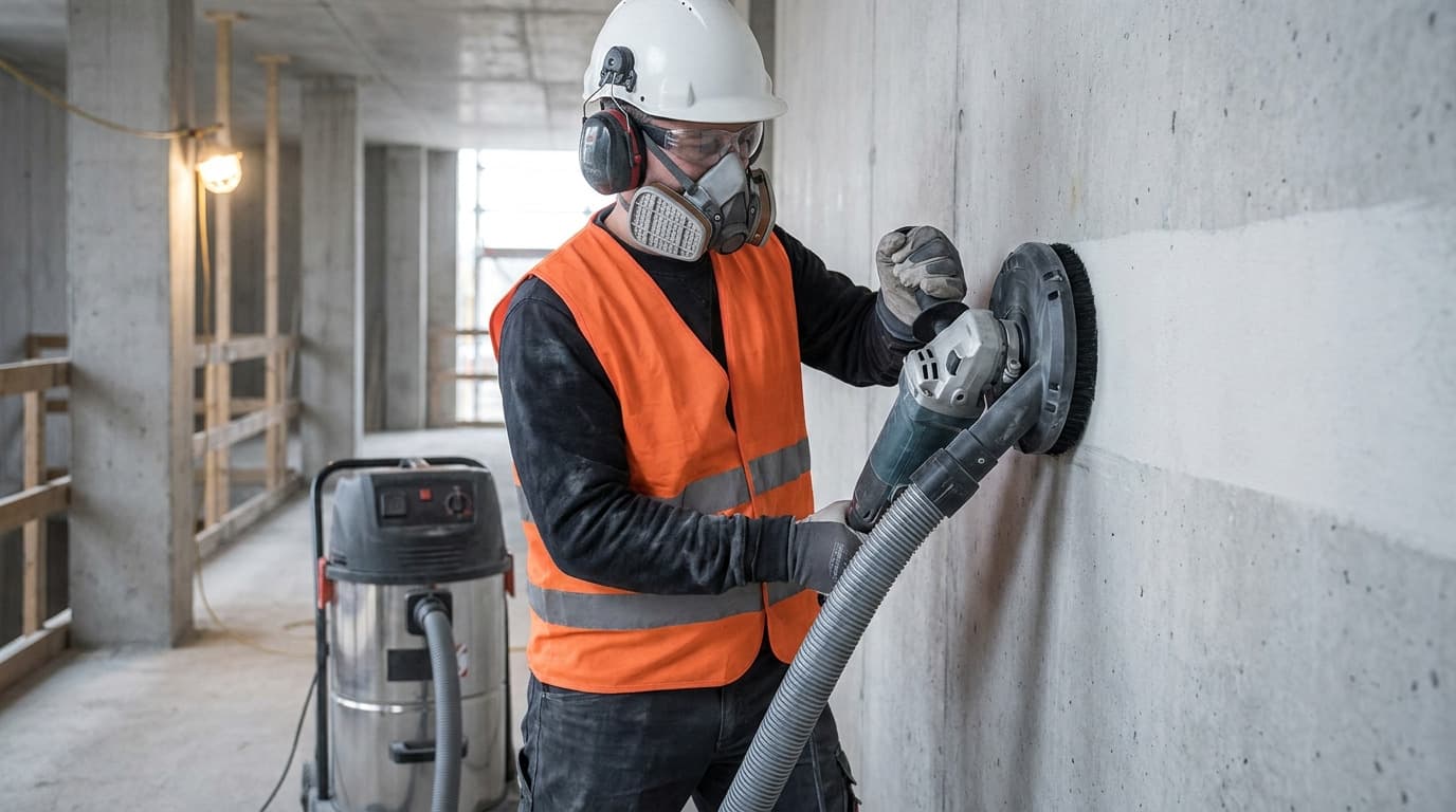 Worker in orange vest, hard hat, respirator, and hearing protection uses a grinder with attached vacuum hose to sand a concrete wall in an unfinished building.