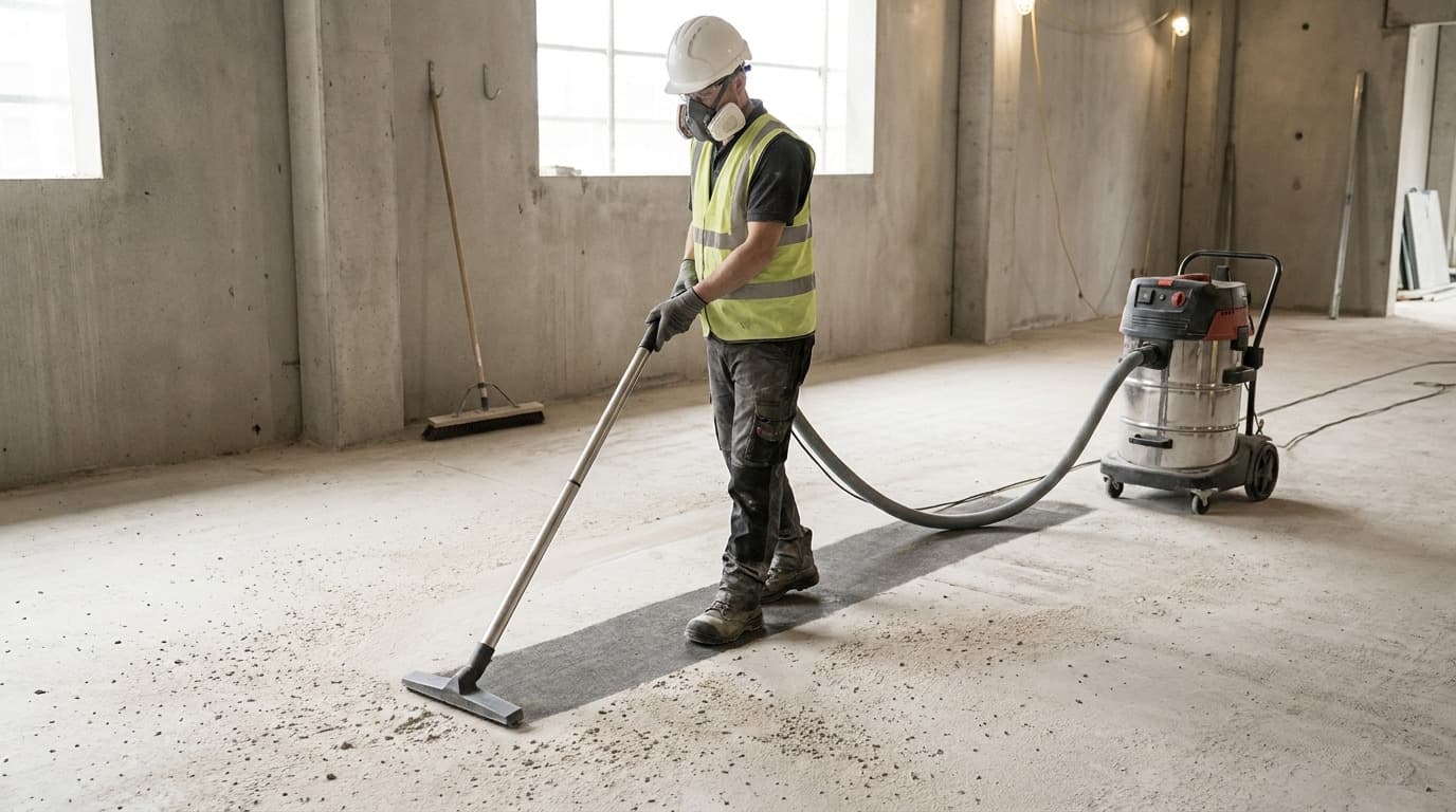 Worker wearing hard hat, respirator, and safety vest vacuums dust from a concrete floor using a hose connected to a wheeled industrial vacuum unit.
