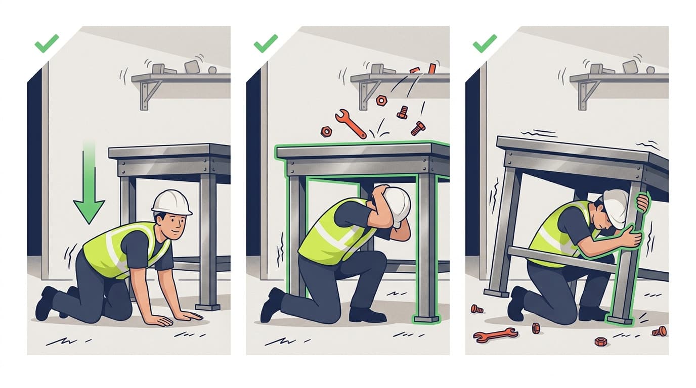 Ilustración de tres paneles que muestra a un trabajador con casco y chaleco agachándose bajo una mesa de trabajo mientras caen herramientas y objetos, y luego sujetándose a la pata de la mesa que tiembla.