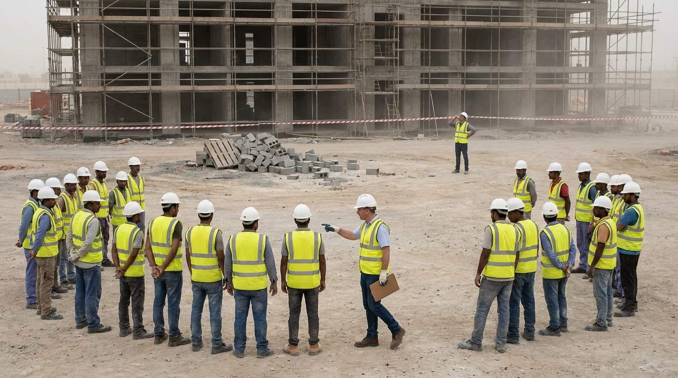 Gran grupo de obreros de construcción con chalecos amarillos y cascos blancos reunidos al aire libre cerca de un edificio de concreto de varios pisos en construcción, escuchando a un supervisor.