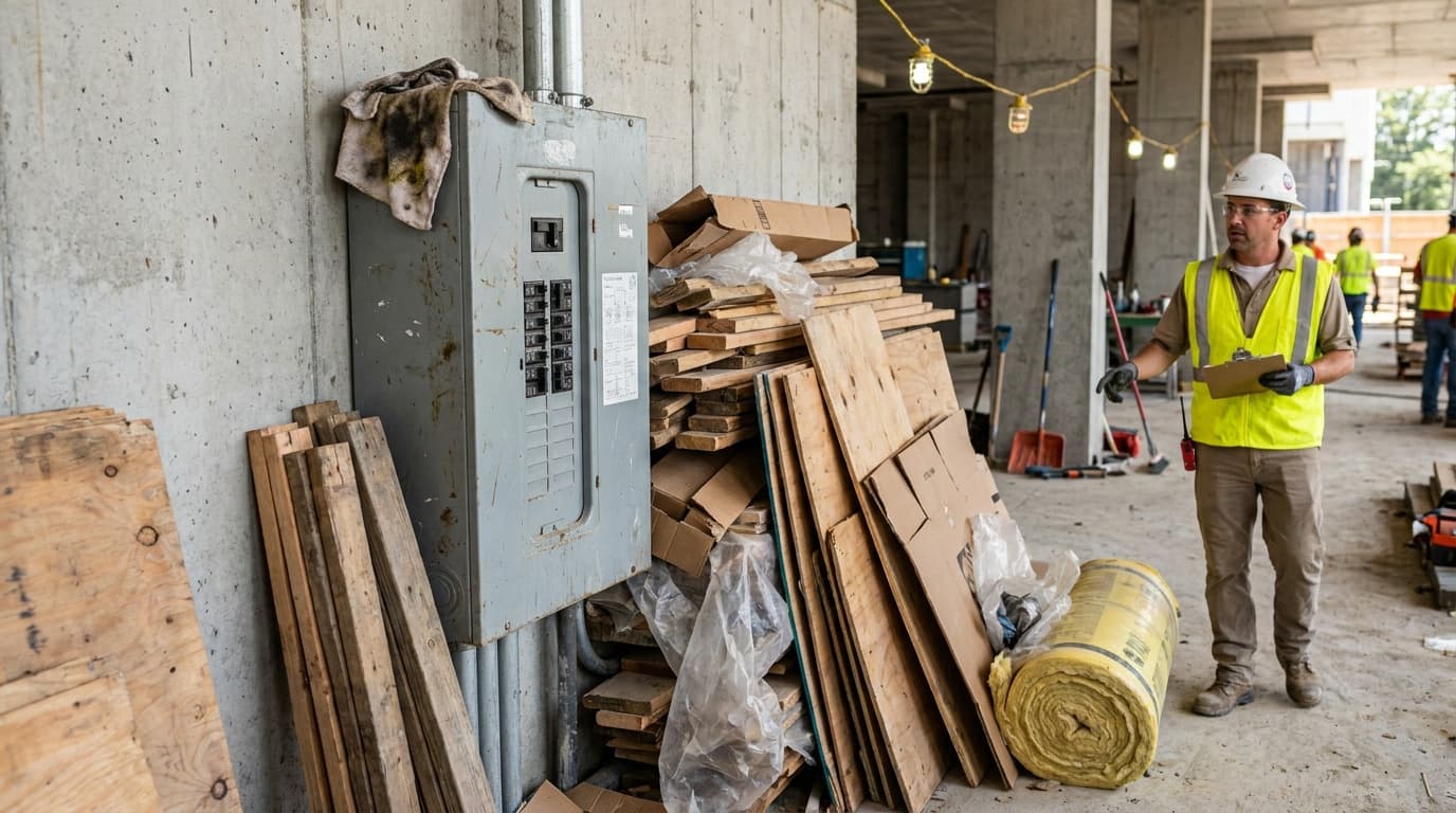 Electrical panel mounted on concrete wall surrounded by stacked plywood, cardboard boxes, wood scraps and an insulation roll; worker in vest holds clipboard nearby.