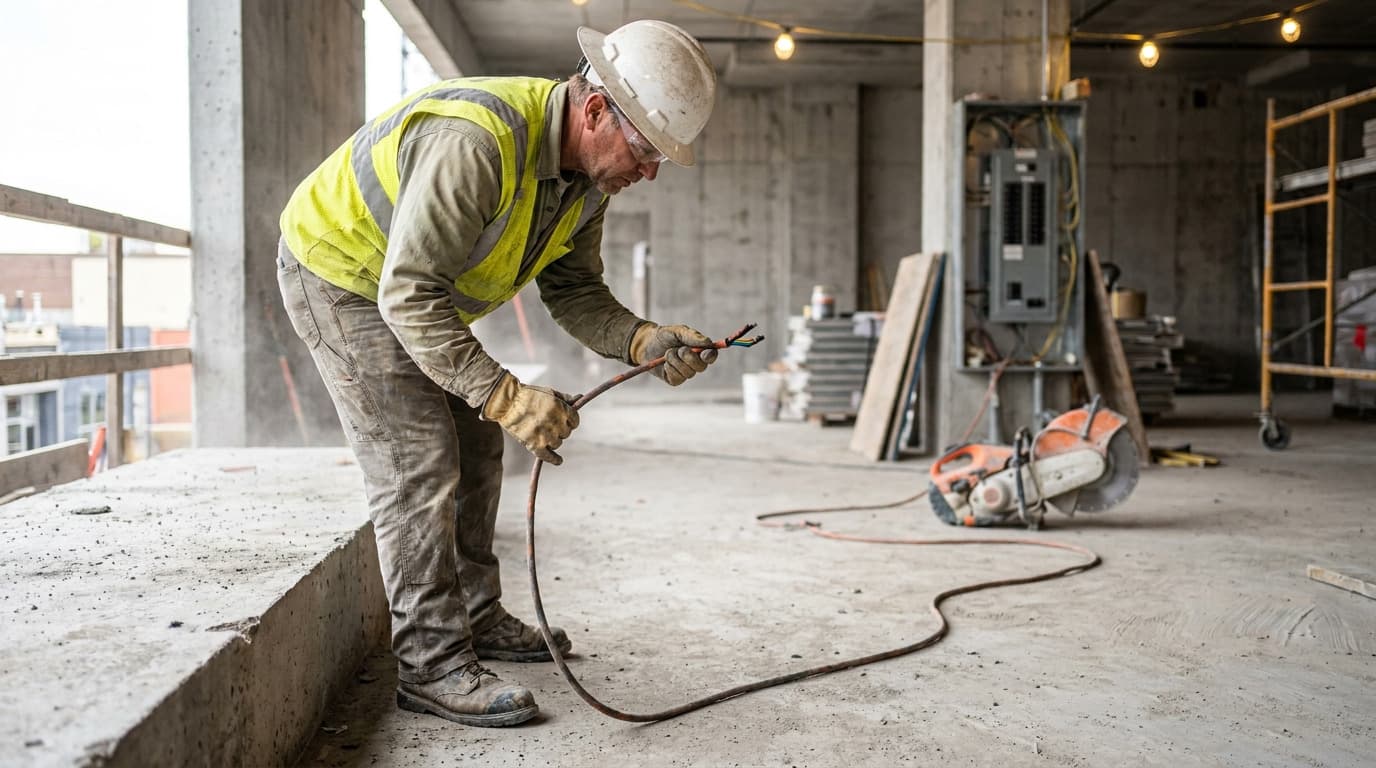 Worker in hard hat and vest bends to inspect the frayed, exposed wire end of an orange extension cord near a concrete masonry saw on site.