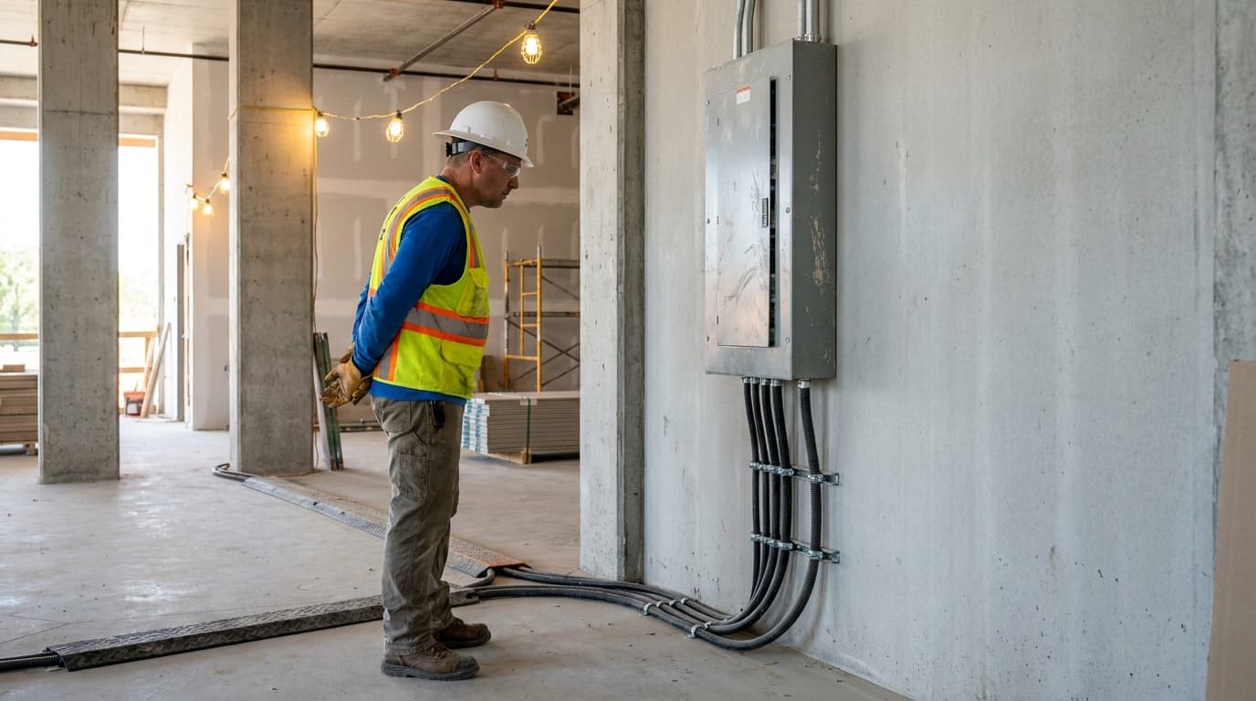 Worker in hard hat and safety vest stands examining an electrical panel with several conduits neatly routed and clamped along the concrete wall.