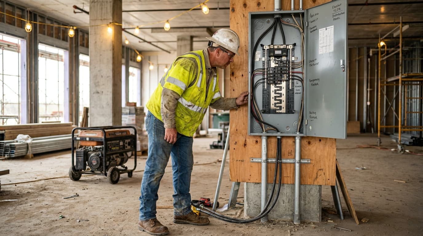 Trabajador con casco y chaleco de alta visibilidad inspecciona un tablero eléctrico de distribución abierto montado sobre madera contrachapada, con un generador portátil cerca en el piso de la obra.