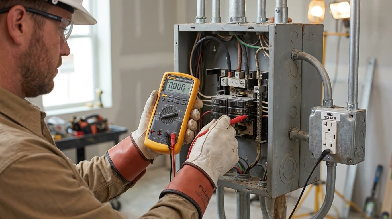 Primer plano de un trabajador con guantes usando un multímetro amarillo para probar cableado dentro de un tablero eléctrico abierto, junto a una caja de tomacorriente de fuente de prueba etiquetada.