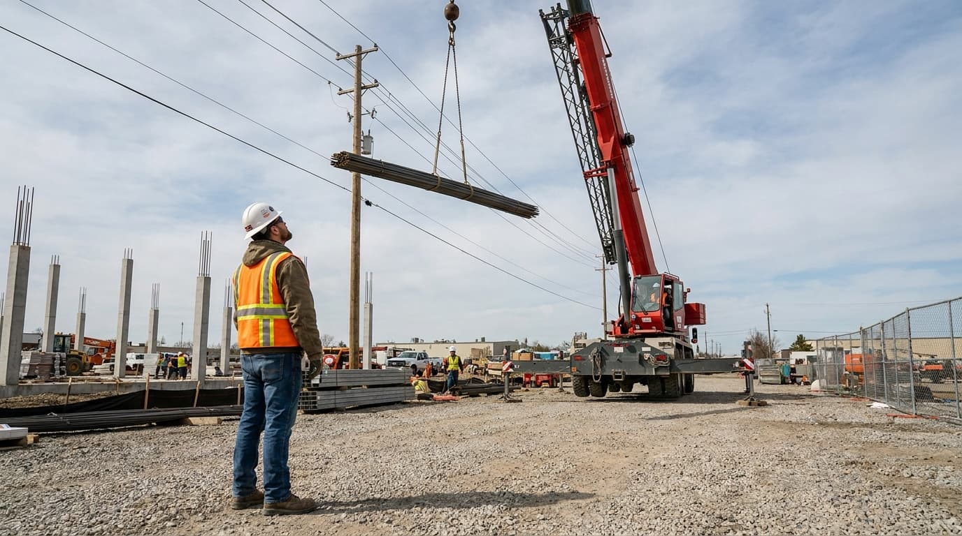 Trabajador con chaleco naranja observa una grúa móvil levantando varillas de refuerzo agrupadas cerca de líneas eléctricas aéreas en una obra de construcción al aire libre.