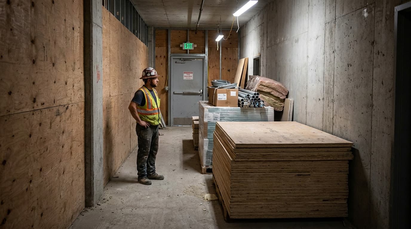 A worker in hard hat and yellow safety vest stands in a concrete and plywood hallway near stacked plywood sheets, insulation, and an exit door.