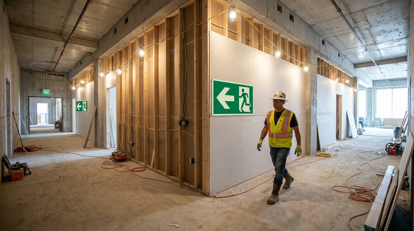 A worker in hard hat, safety vest, and gloves walks past a green exit arrow sign in an under-construction interior with exposed framing and wiring.