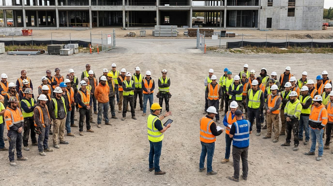Large group of construction workers in hard hats and safety vests gathered outdoors in two crowds facing a supervisor holding a tablet during a briefing.