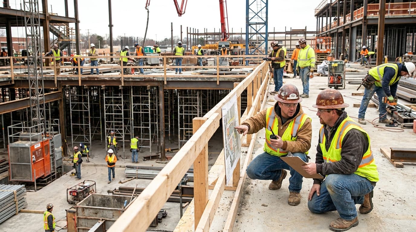 Two workers in hard hats and safety vests crouch beside a plan sheet on a multi-level concrete construction site with cranes and crews.