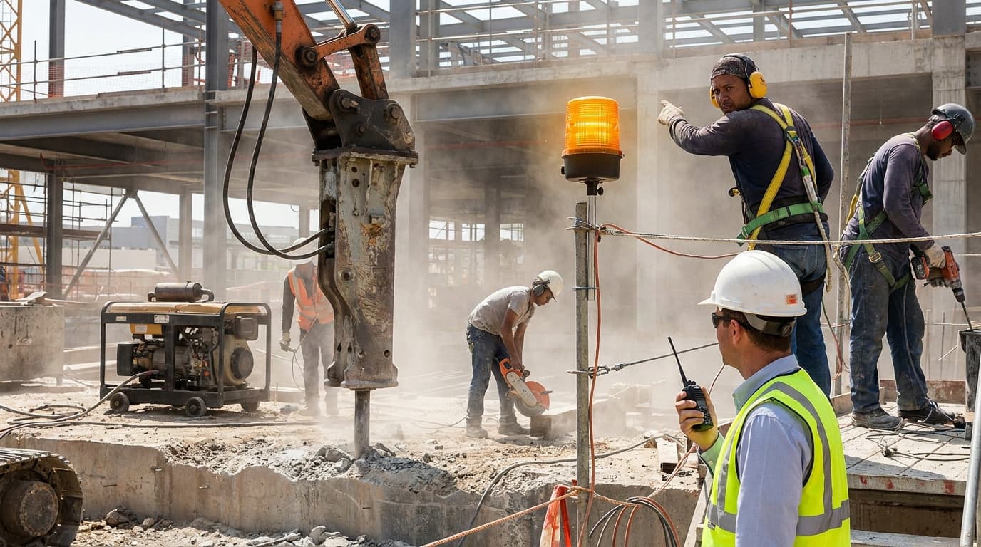 Workers with ear protection and harnesses operate a jackhammer and hydraulic breaker near a rotating amber warning light amid dust on a construction floor.