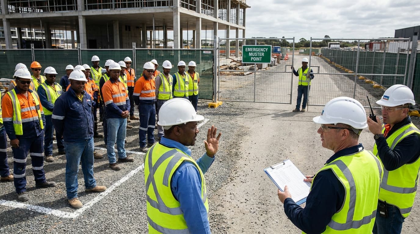 A large crew in hard hats and hi-vis clothing gathers near a fenced gate under an Emergency Muster Point sign, with supervisors holding a radio and clipboard.