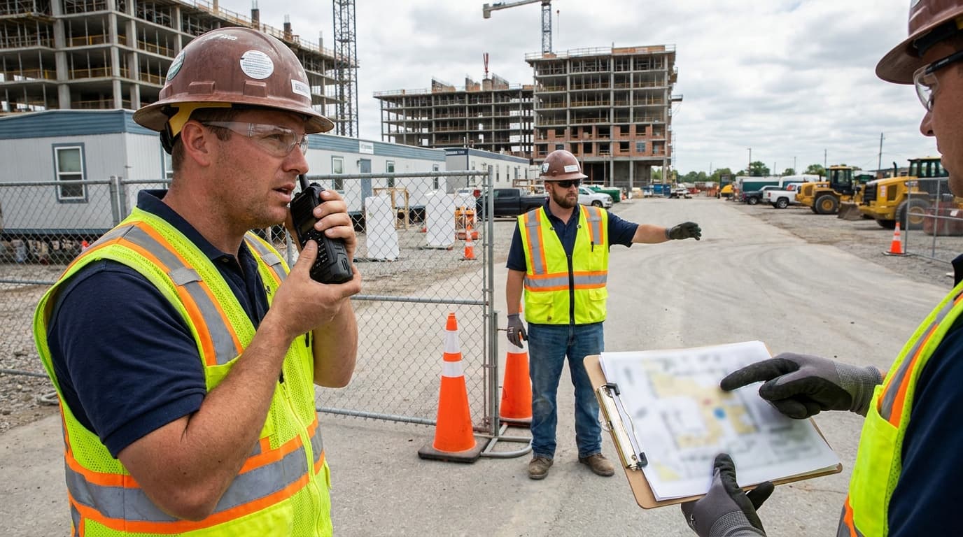 Three men in hard hats and hi-vis vests stand at a fenced site entrance, one speaking into a radio and another pointing while reviewing a site map on a clipboard.