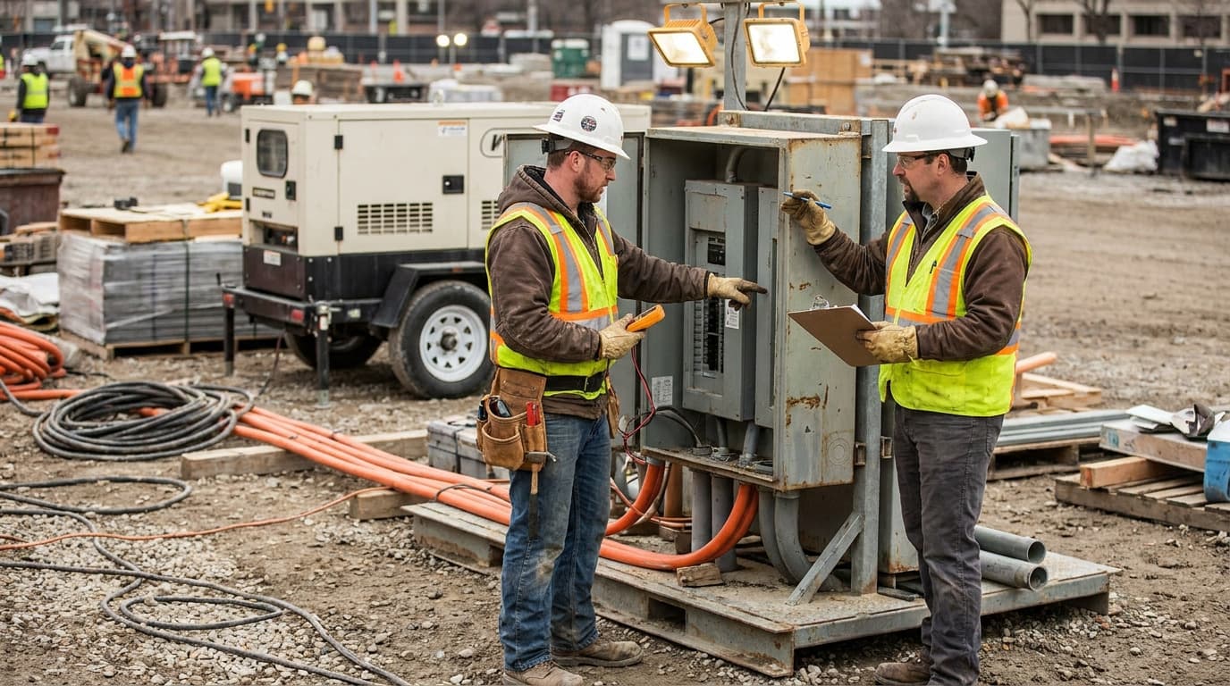Two workers in hard hats and reflective vests examine an open electrical panel near a generator, one holding a clipboard and testing device.