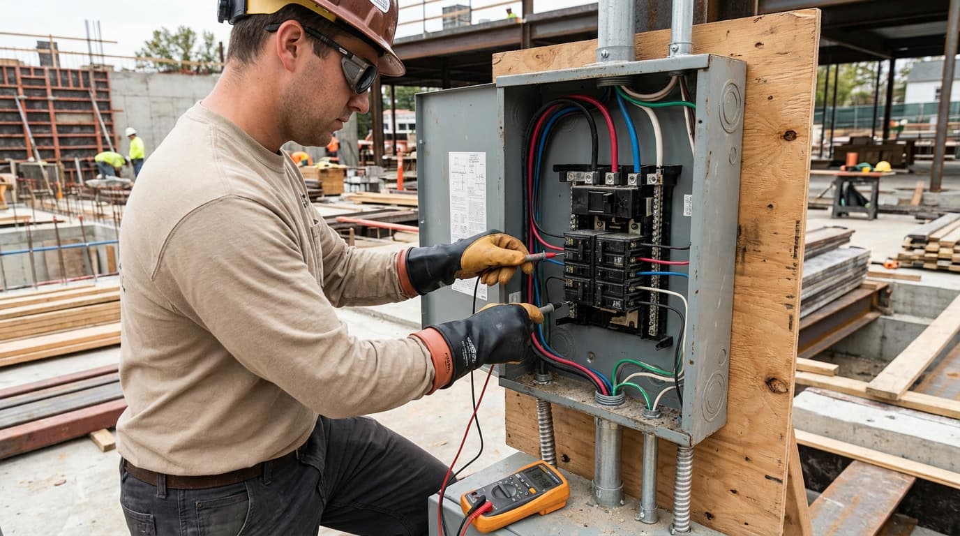 Worker in gloves and safety glasses uses a multimeter with red and black probes inside an open circuit breaker panel mounted on plywood.