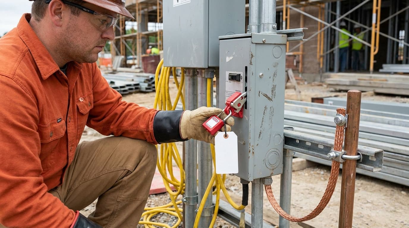 Worker in hard hat and orange shirt applies a red lockout lock with tag to an electrical panel switch at a construction site.