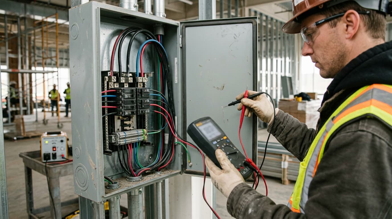 Worker in hard hat and safety vest holds a digital multimeter with probes near an open electrical panel with colored wiring on a construction floor.
