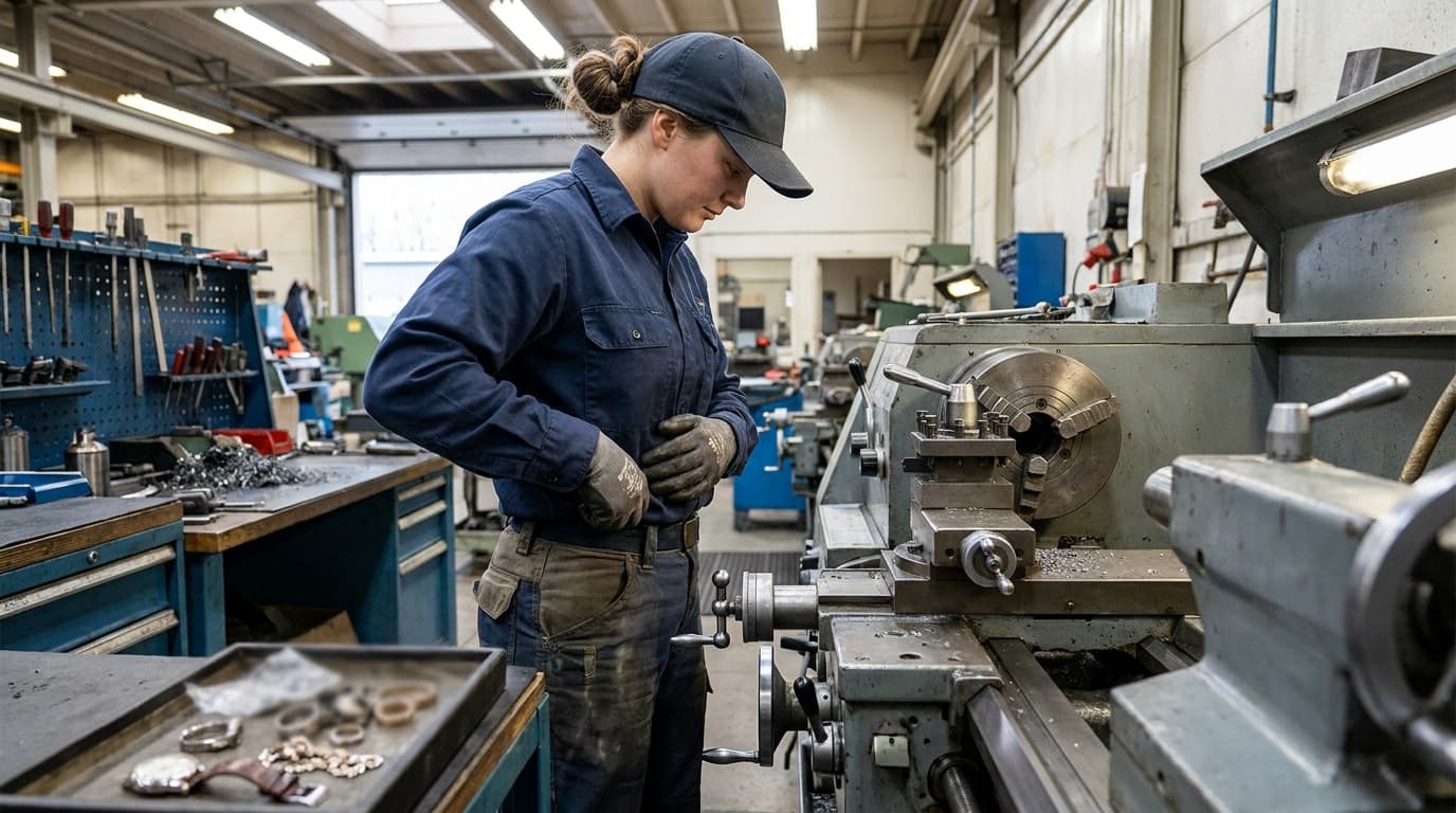 Saçı içine toplanmış bir şapka, eldiven ve iş kıyafeti giyen bir kadın, delikli pano üzerinde aletlerin bulunduğu bir atölyede bir metal tornanın başında duruyor.