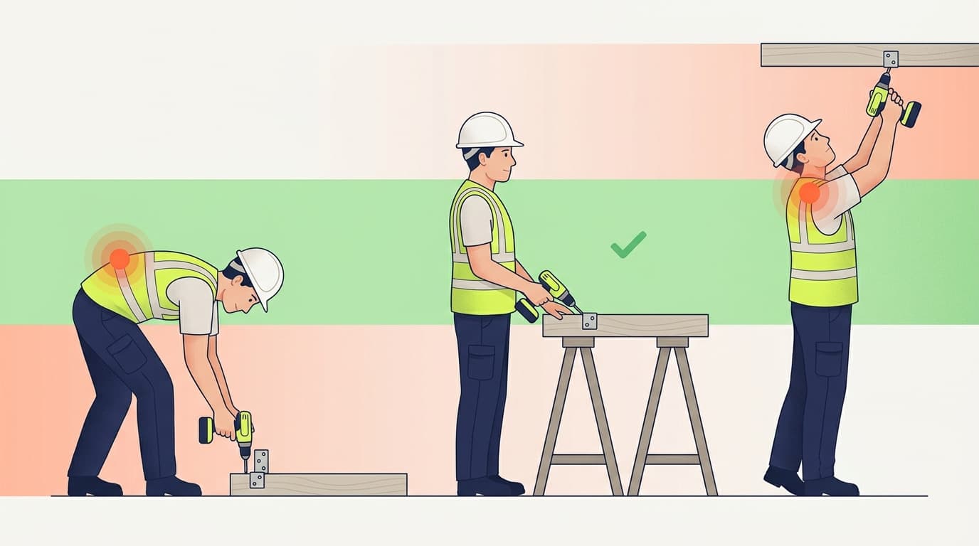 Ilustración de tres posturas para taladrar: trabajador muy encorvado con la espalda resaltada por dolor, trabajador en una mesa a la altura de la cintura con una marca de verificación, y trabajador alcanzando por encima de la cabeza con el hombro resaltado por dolor.
