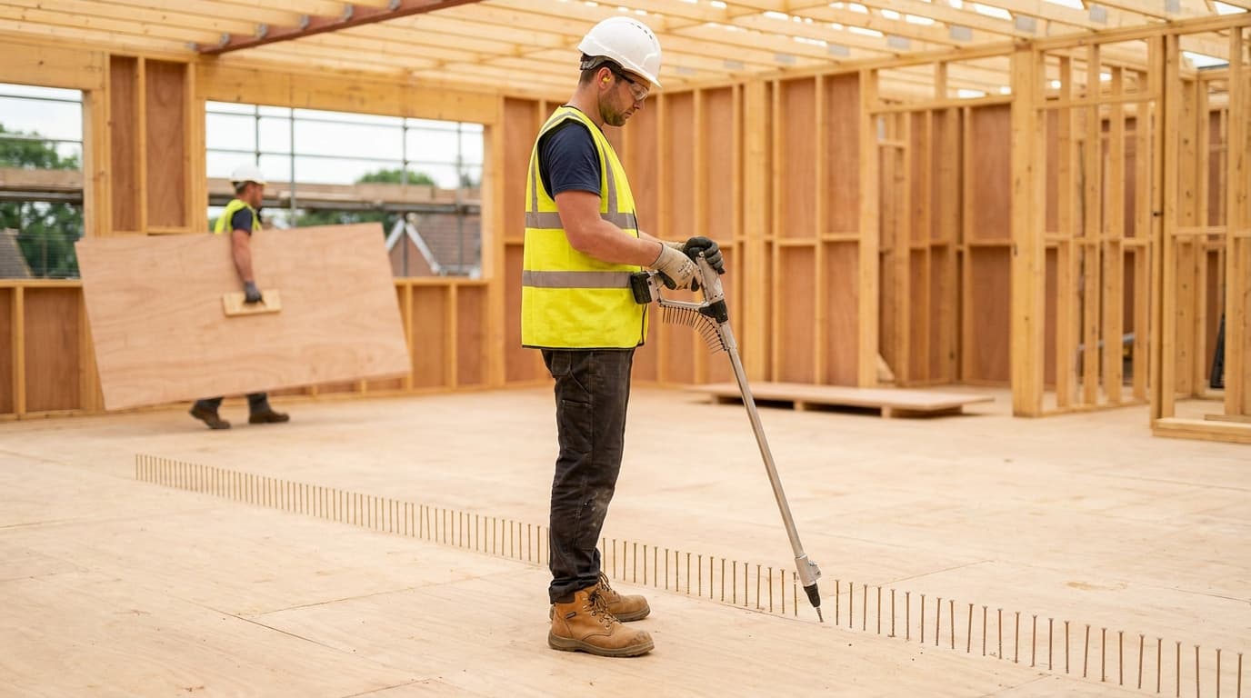 Trabajador con casco y chaleco de alta visibilidad usa una pistola de clavos de mango largo sobre madera contrachapada en una casa con estructura de madera en construcción, otro trabajador carga un tablón.