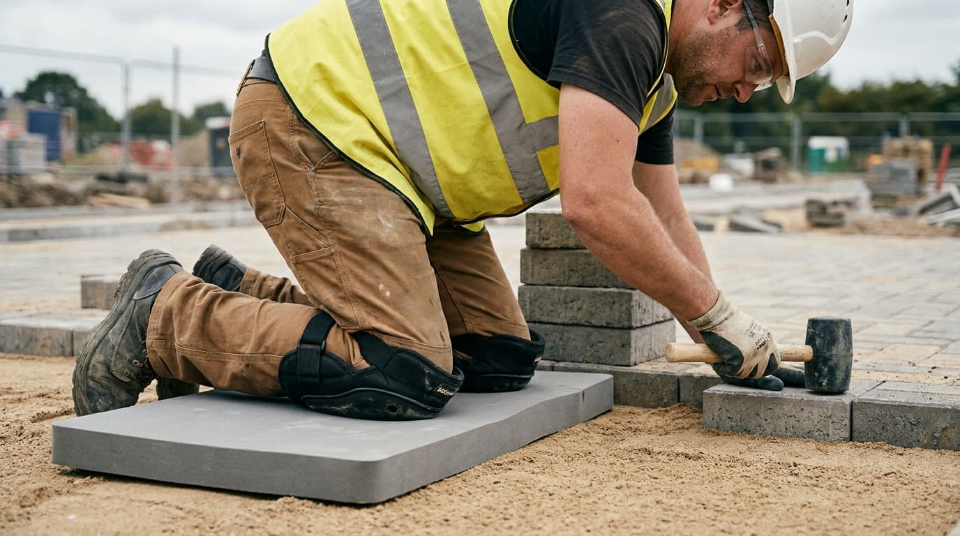 Trabajador de rodillas sobre una almohadilla de espuma con rodilleras, usando un mazo de goma para colocar adoquines de bloque en la arena en un sitio de pavimentación exterior.