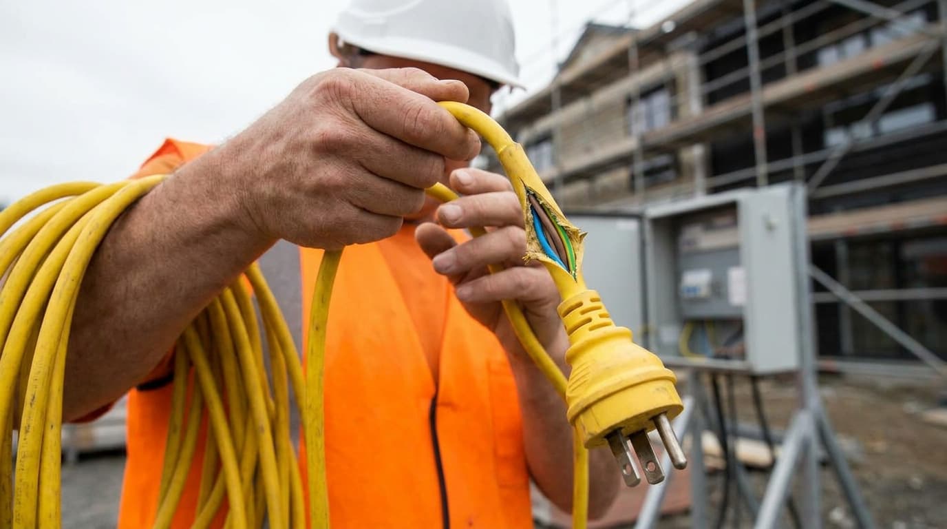 Worker in orange vest and white hard hat holds a yellow extension cord with damaged, frayed insulation exposing colored wires near the plug, construction site behind.