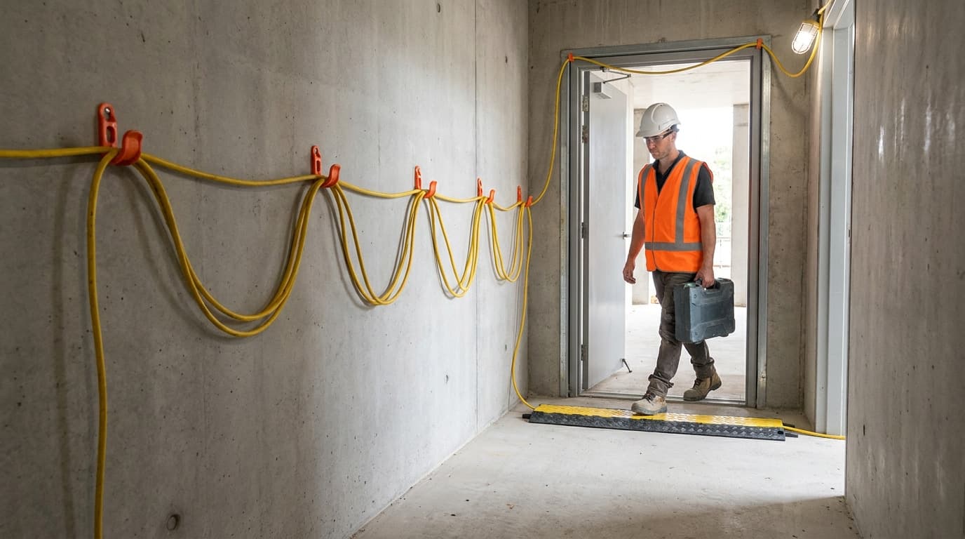 Worker with hard hat and orange vest carries a toolbox through a doorway over a yellow extension cord secured along a concrete corridor wall with hooks and a cable ramp.
