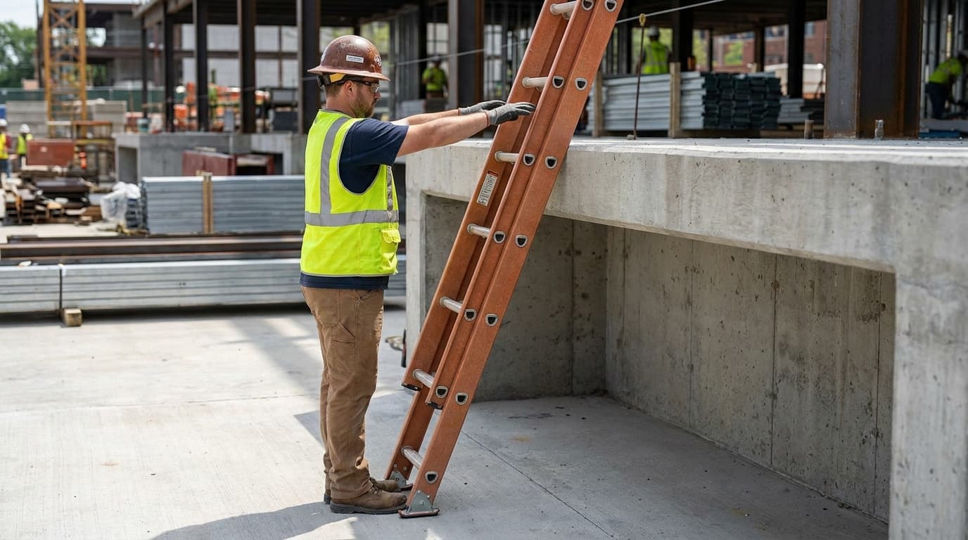 Un trabajador con casco y chaleco de alta visibilidad amarillo coloca una escalera de extensión naranja contra un borde de concreto elevado en una obra al aire libre.