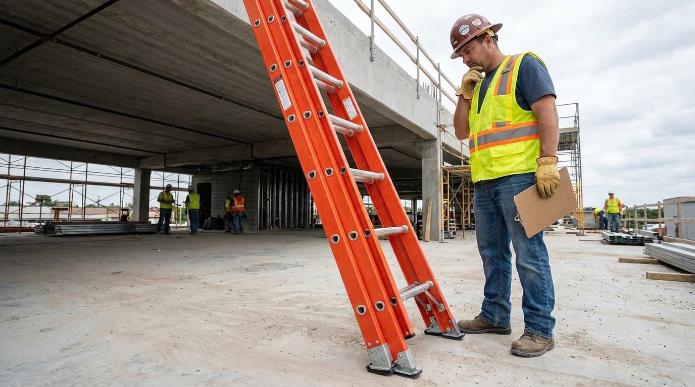 Un trabajador con casco y chaleco reflectante sostiene una tabla sujetapapeles junto a una escalera de extensión naranja apoyada contra una viga de concreto.