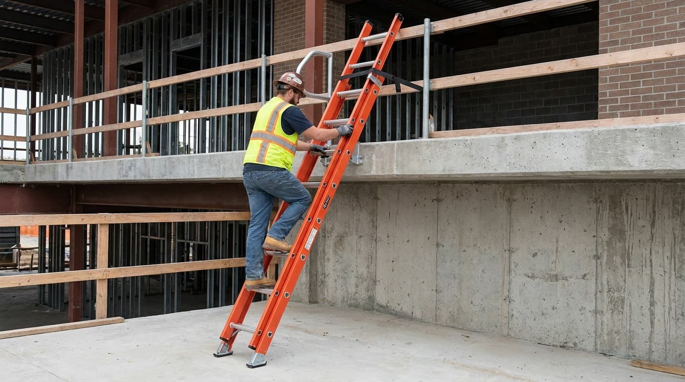 Un trabajador con casco sube una escalera de extensión naranja apoyada contra un borde de concreto junto a un edificio de varios pisos en construcción.