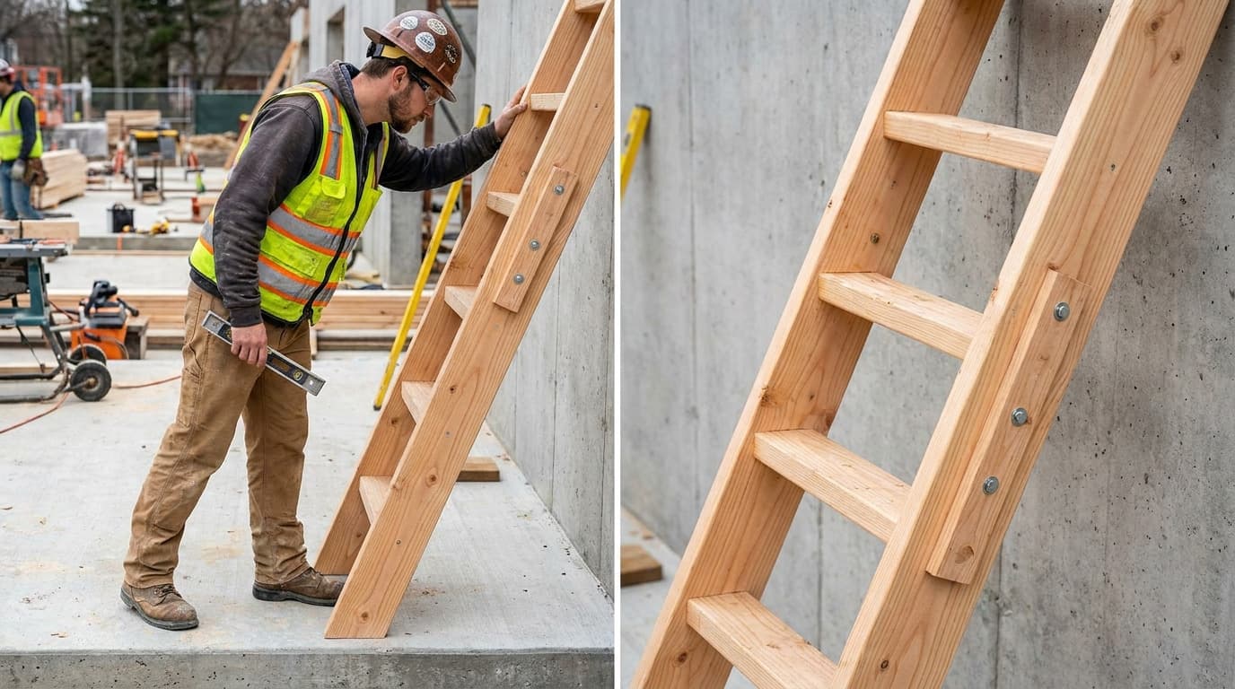 Imagen dividida que muestra a un trabajador verificando una escalera de madera con un nivel contra una pared de concreto, y un primer plano de los peldaños y pernos de la escalera.