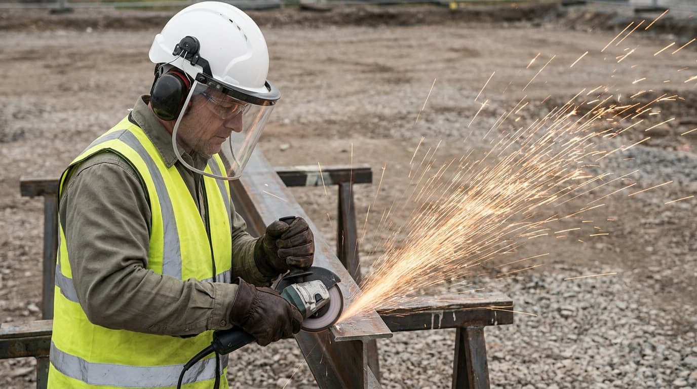 Worker in white helmet, face shield, ear muffs, safety glasses and hi-vis vest uses angle grinder on steel beam, producing spray of sparks outdoors.
