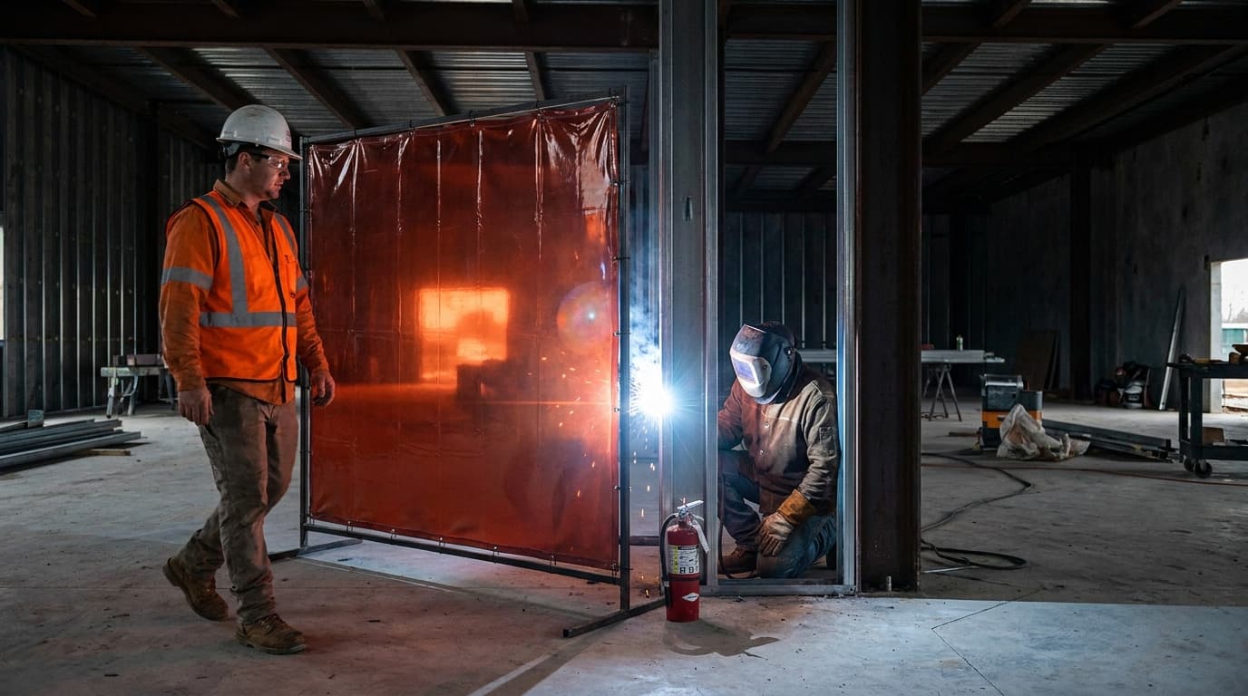 Worker in orange hi-vis walks past welding screen while another worker in welding helmet welds behind it, fire extinguisher on floor nearby inside building frame.