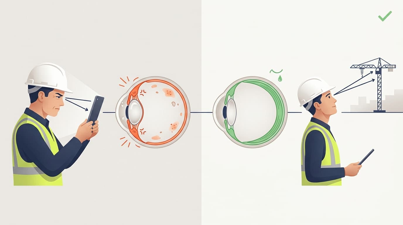 Ilustración dividida: a la izquierda un trabajador con casco entrecierra los ojos frente al teléfono junto a un diagrama de ojo rojo irritado; a la derecha otro trabajador con casco mira hacia una grúa junto a un diagrama de ojo verde sano.