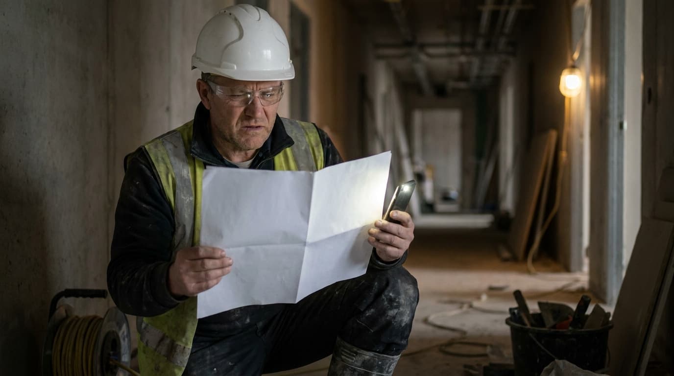 Trabajador con casco, lentes de seguridad y chaleco de alta visibilidad sentado leyendo un plano en papel iluminado por la luz de un teléfono en un pasillo oscuro sin terminar.