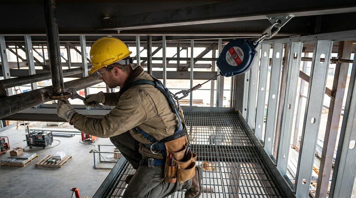 Trabajador con casco amarillo y arnés de seguridad se inclina sobre una plataforma de malla de acero, usando una llave en un tubo de andamio, con una línea de vida autorretráctil sujeta arriba.