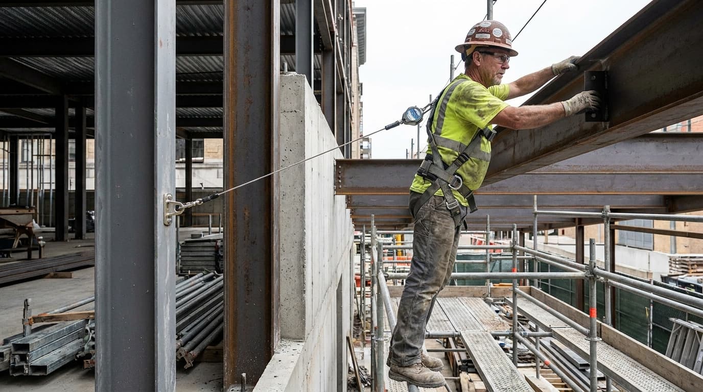 Trabajador con arnés de seguridad de pie sobre una viga de acero en el borde de un edificio, ajustando una abrazadera de viga, con una línea de vida autorretráctil anclada a un muro de concreto abajo y andamios visibles.