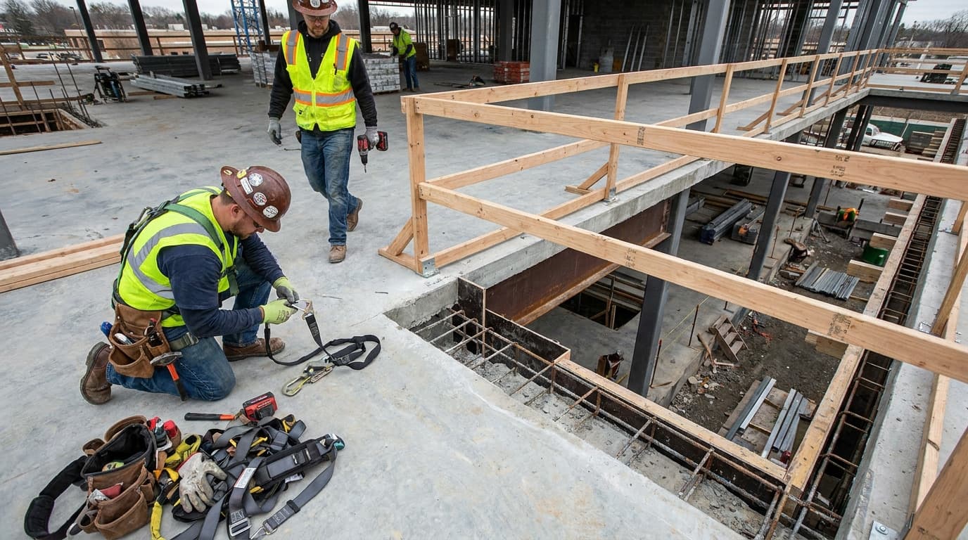 Worker kneels near floor opening attaching harness to lanyard, tools laid on concrete, wooden guardrail edges an elevated floor opening, another worker walks by.