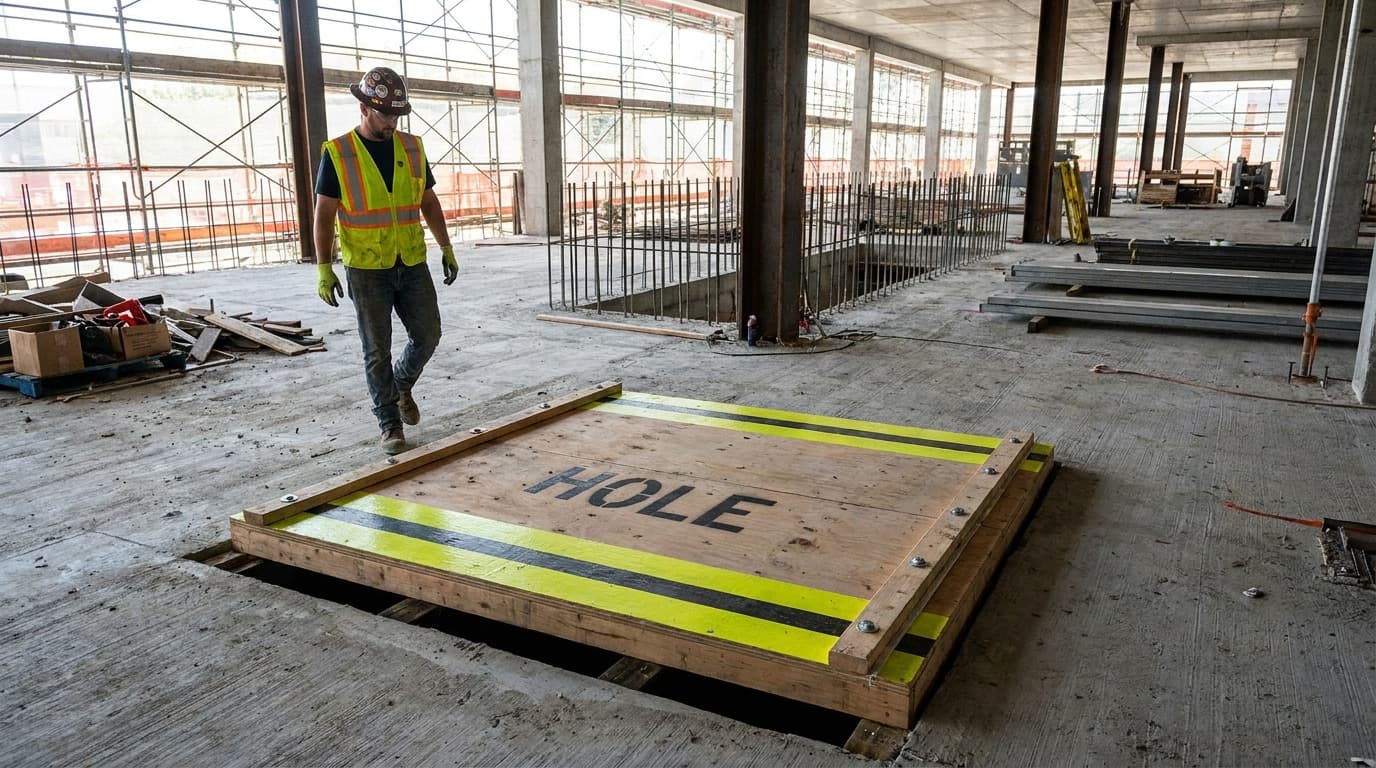 Worker in hard hat and safety vest walks toward a plywood cover labeled HOLE with yellow and black striped edges over a floor opening.