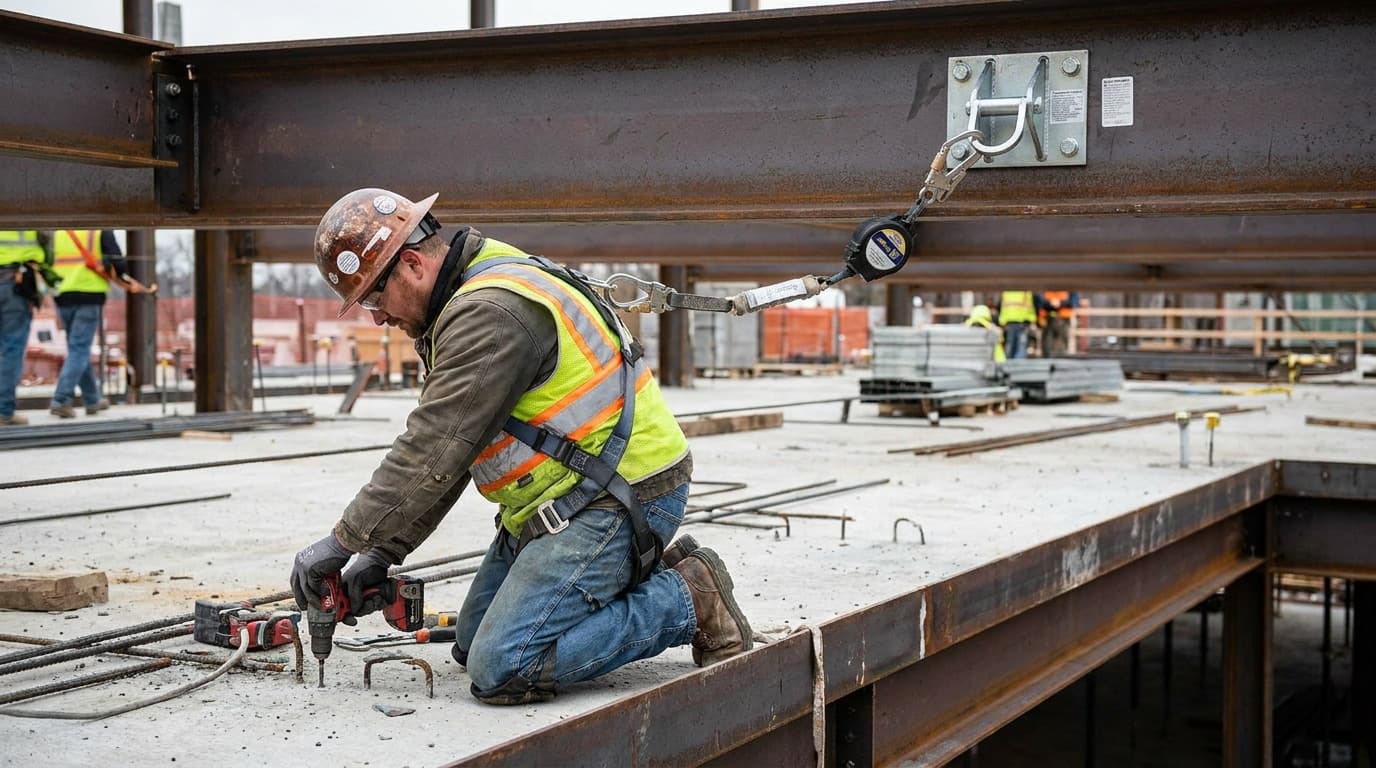 Worker kneels on steel beam edge drilling rebar, connected by retractable lanyard to overhead anchor point, other workers visible in background.