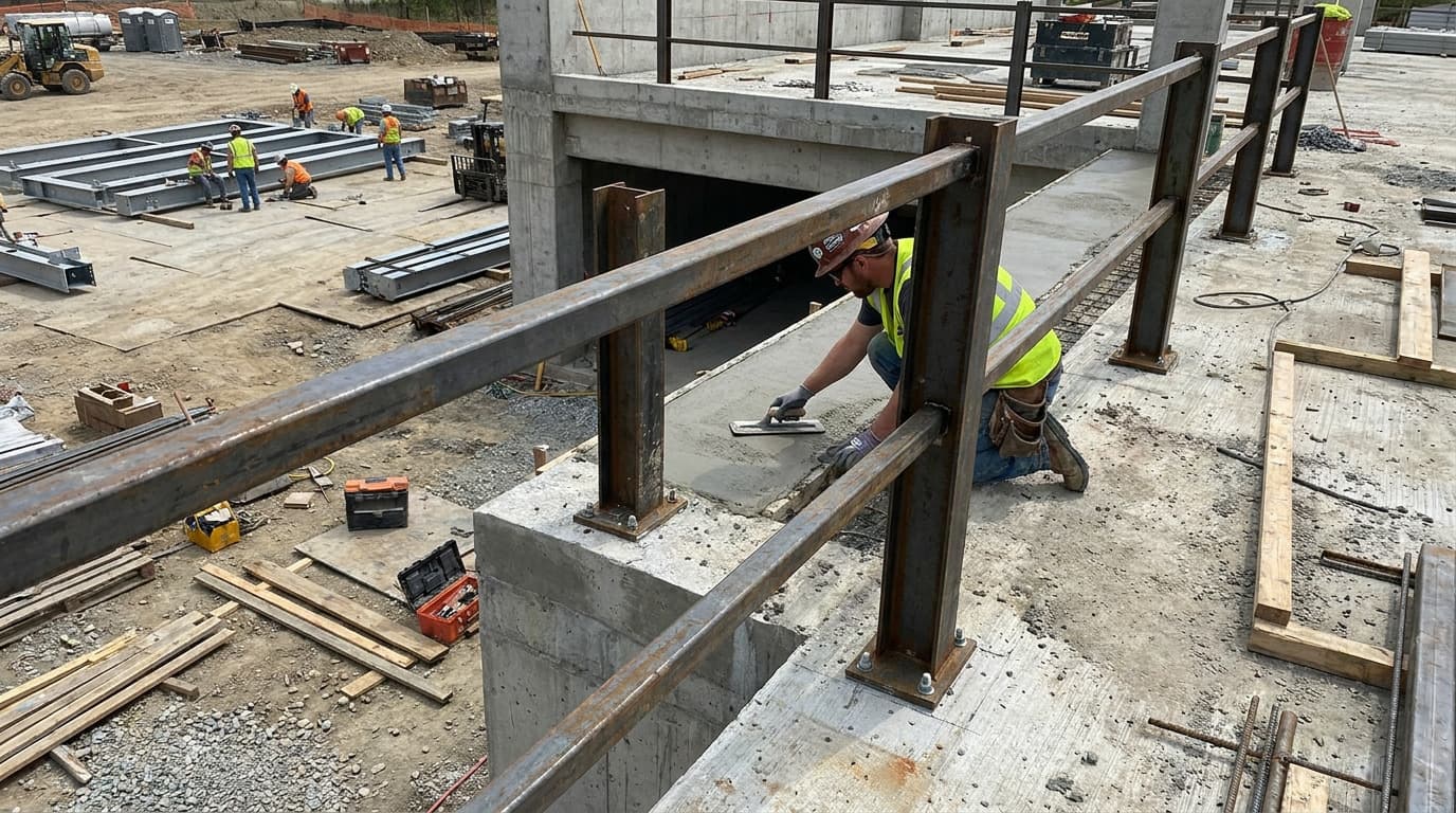 Worker kneels inside steel guardrail troweling wet concrete on elevated structure edge, construction yard with equipment and materials visible below.