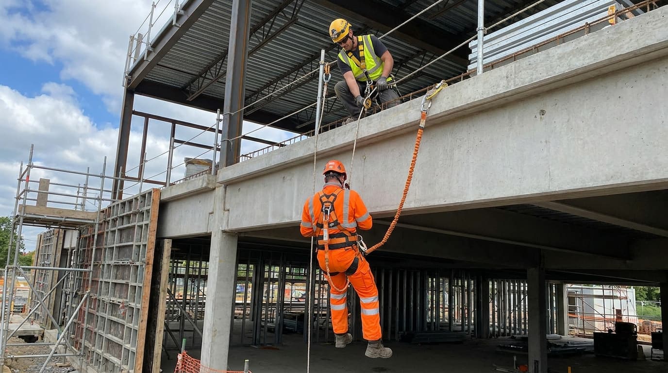 Beton bir yapı üzerinde bareti ve paraşüt tipi emniyet kemeri takan iki çalışan; biri kenarın altında ipe tırmanırken diğeri yukarıda hatları sabitliyor.