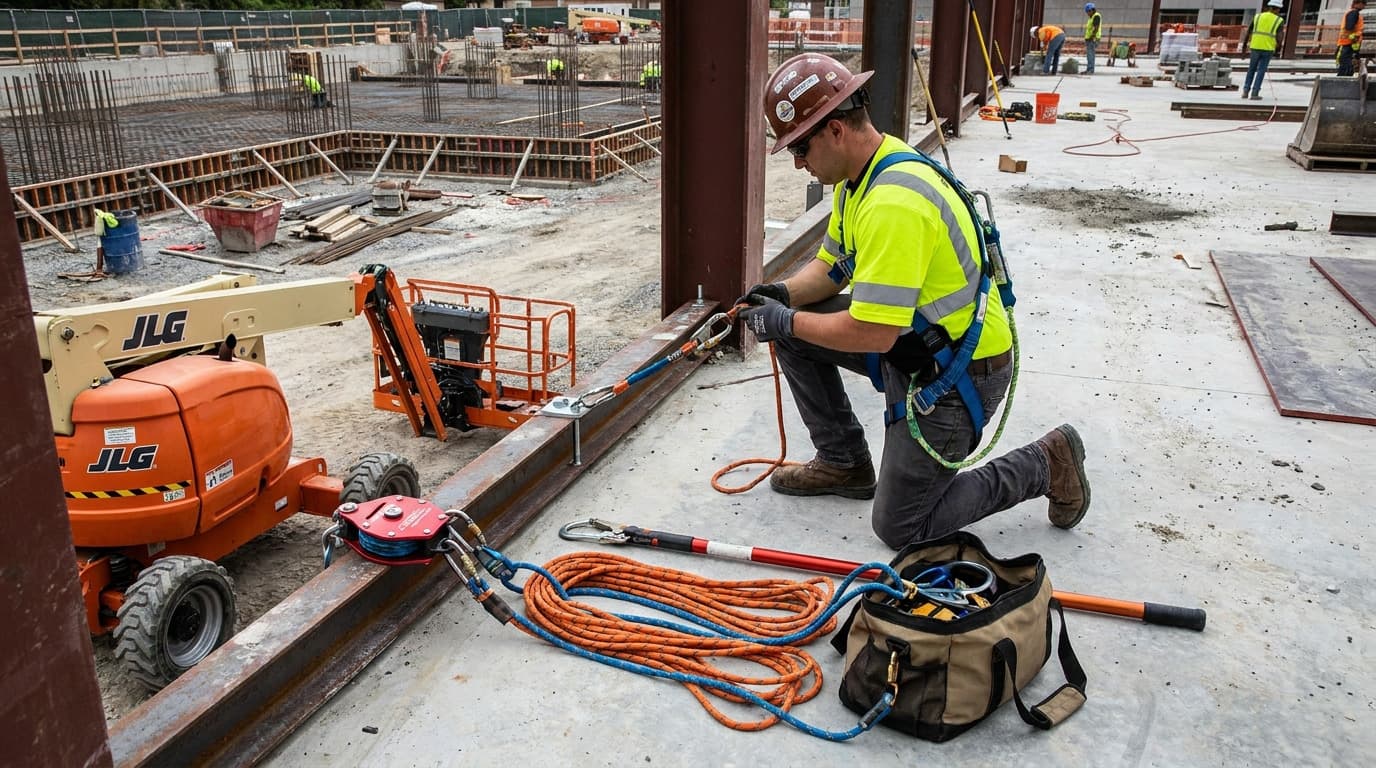 Baret ve paraşüt tipi emniyet kemeri takan bir çalışan, beton döşeme üzerinde diz çökmüş, eklemli bomlu platform yakınında çelik kirişe halat ve makara donanımı bağlıyor.