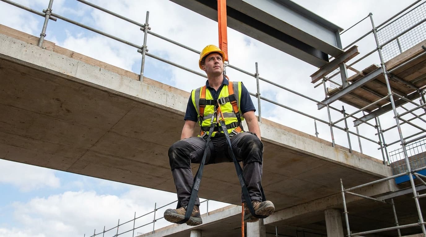 Baret ve paraşüt tipi emniyet kemeri takan bir adam, beton bir kirişin altında kayışlarla havada asılı duruyor, arkasında iskele görülüyor.