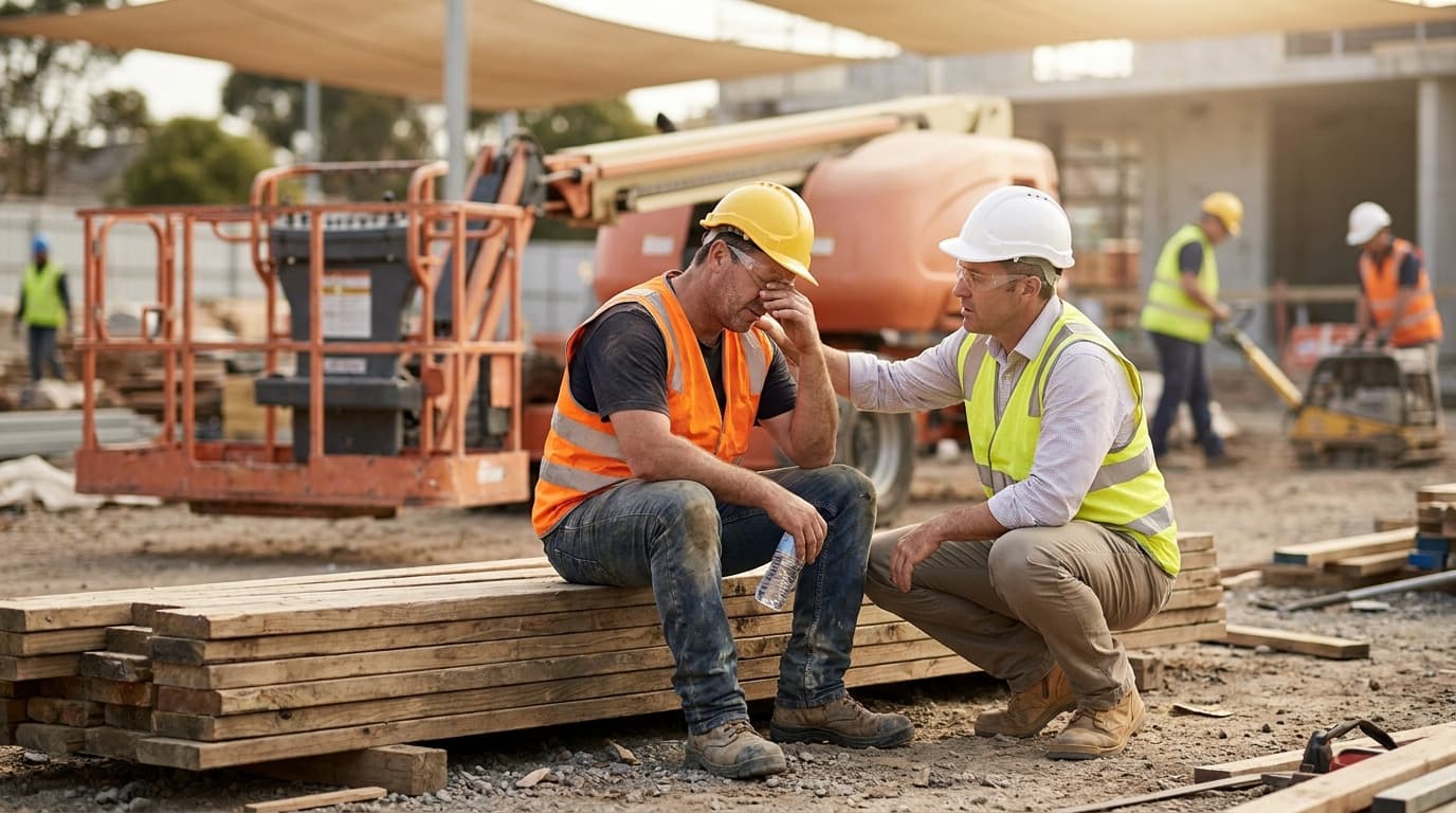 A seated worker in an orange vest holds a water bottle and touches his face, while a crouching supervisor in a yellow vest speaks with him near lumber stacks and machinery.