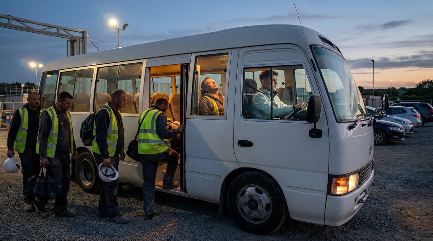Construction workers in reflective vests board a white minibus at dusk, holding hard hats and bags, with parked cars and site lighting visible behind them.