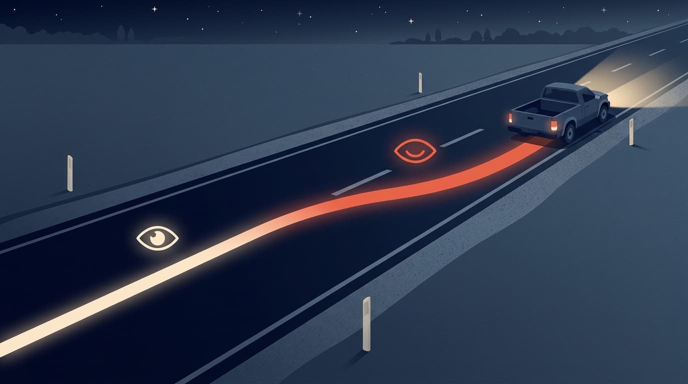 Illustration of a pickup truck on a highway at night, with a wavy red line and glowing eye icons depicting a wandering, drowsy driving path.
